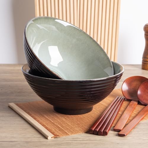 40oz Japanese Ceramic Ramen Bowl Set of 2 with Chopsticks and Spoons for Pho Udon Asian Soup Noodles (Grayish Green) - color: Grayish Green