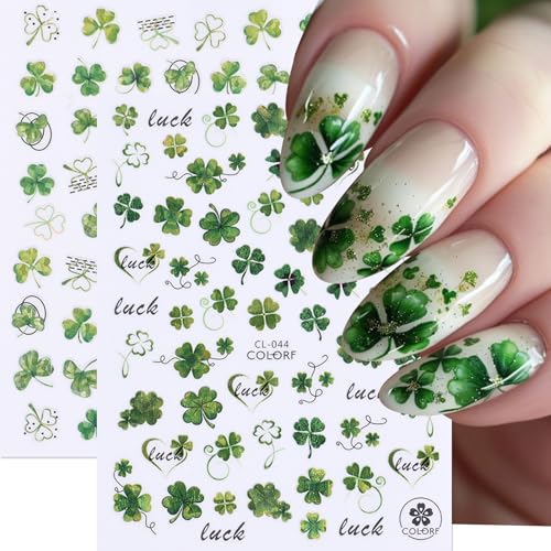 11 PCS St. Patrick's Day Nail Art Stickers 3D Self-Adhesive Green Shamrock Nail Decals Green Leaf Shape Clover Sticker DIY Spring Holographic Designs Manicure Decoration Nail Supplies for Women - style: Green Leaves