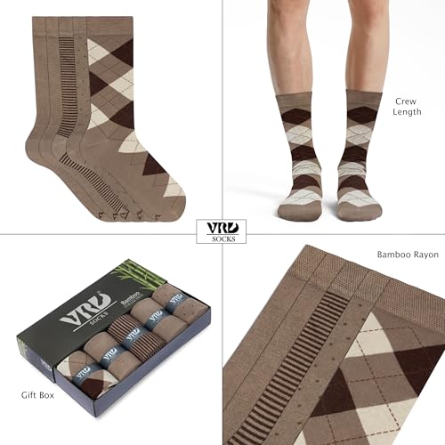 VRD Men's Dress Socks Bamboo Rayon, 5-Pack Crew Socks, Multiple Colors and Designs, Shoe Size 8-13, Gift Box - color: 06: Brown, 5-pack Mix (2 Solid, 1 Striped, 1 Dotted, 1 Argyle)