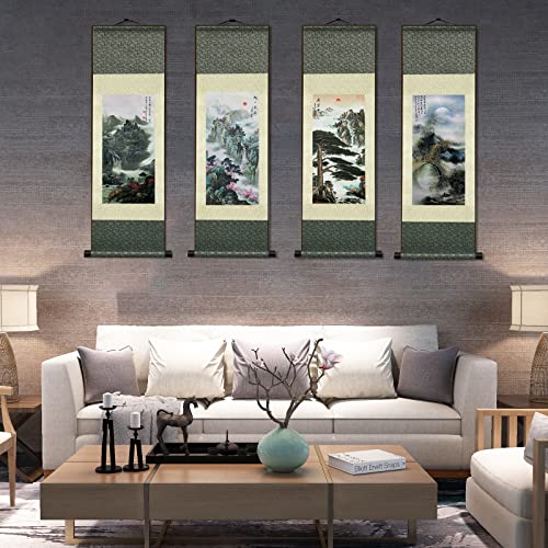 AtfArt Silk Scroll Painting, Waterfall Landscape, Set of 4, 36.2x12in - color: A8