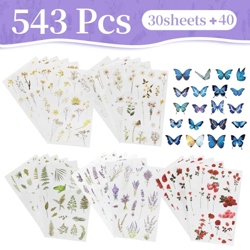 543PCS，70 Sheets Natural Flower Stickers for Scrapbooking，Self-Adhesive Transparent Flower Sticker ，Botanical Journaling Stickers for Letter Writing, DIY Journaling, and Laptop Personalization