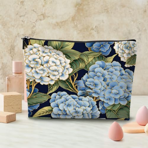 Boho Makeup Bag, Blue Hydrangea Floral Cosmetic Bag Makeup Organizer Pouch - color: Hydrangea