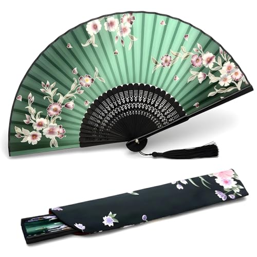 Lysa Hand Fan for Women Foldable - Portable Folding Japanese Chinese Fan - for Hot Flashes, Summer Cooling, Festivals, Church, Dancing (Green Redbud) - color: Green Redbud
