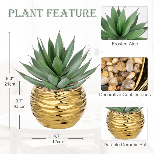 Briful Artificial Succulent Plant in Gold Pot, 8.3” Tall Faux Agave Plants, Realistic Aloe Fake Plant Indoor for Home Office, Farmhouse Shelf, Desk, Living Room, Bathroom - color: Aloe-gold Ceramic Pot