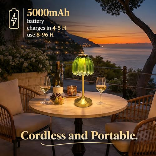 EJQ Glass Tulip Rechargeable Table Lamp, Cordless Flower Table Light -Green - color: Green
