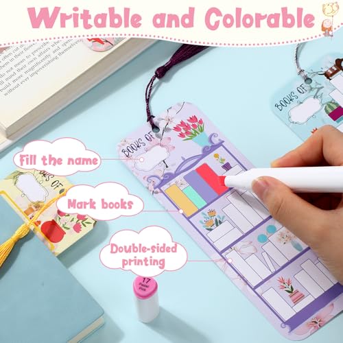 100 Pcs Book Tracker Bookmarks with 100 Tassels Bookshelf Design Reading Page Markers Double Sided Bookmarks Gifts for Book Lovers Book Club Gifts