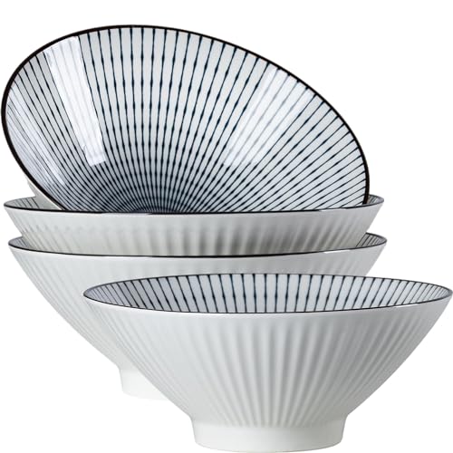38 oz Japanese Ramen Bowls Set of 4, Large Pho Bowls, 8 Inch Ceramic Blue and White Soup Bowls, Striped Pattern - color: Striped Pattern