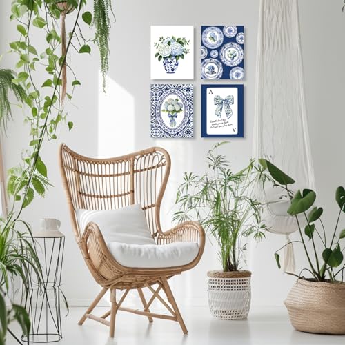 LUKIPOM Blue Chinoiserie Hydrangea Wall Art Poster,Coquette Blue and White Floral Grandmillennial Canvas Wall Decor Gifts for Women Teen Girls Home Bedroom Living Room，8x12in Set of 4 Unframed - color: Color 006