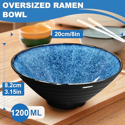 8-Inch 2 Sets Ceramic Ramen Bowl (8 Piece) - Japanese Porcelain Dishwasher Microwave Safe Salad Noodles Cereal Pasta Soup Large Bowls with Chopsticks Forks Spoons for Men Women Housewarming Gift - color: A:Ocean Blue, size: 8 INCH 2 Set