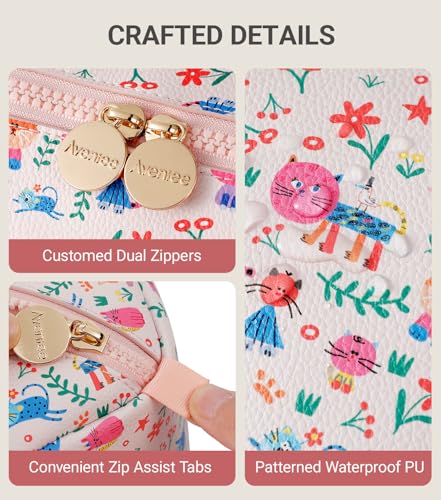 Aveniee Travel Makeup Bag for Women, Large Cosmetic Organizer with Open-Flat Design, Clear Divider & Handle - Waterproof PU Leather Toiletry Case, Cat Pattern - style: Sunshine Kitty