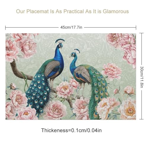 Floral Bird Placemats Set of 4, 12x18 Inch Vintage Peacock Peony Flower Green Baroque Luxury Boho Seasonal Spring Holiday Coffee Table Mats for Party Kitchen Dining Decoration - color: Pm-floral Bird06, size: 4pcs