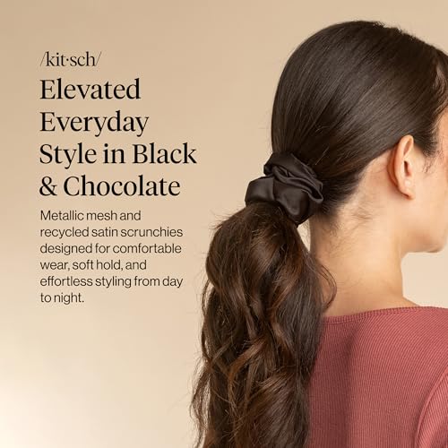 Kitsch Metallic Mesh & Satin Scrunchies For Women - Black & Chocolate, 2pcs - color: Black & Chocolate