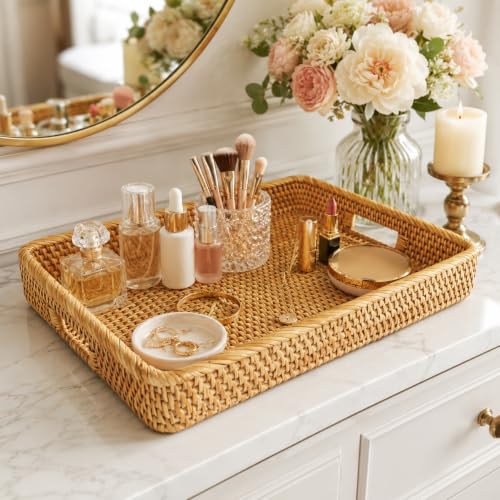 i-lan 17-Inch Large Rectangular Rattan Serving Tray with Handles