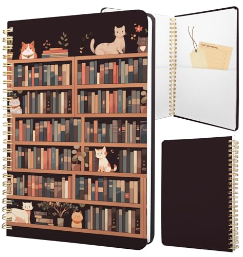 Cute Spiral Notebook Journal A5 6x9 Note Book with Pocket, Cat - color: Cat Bookshelf