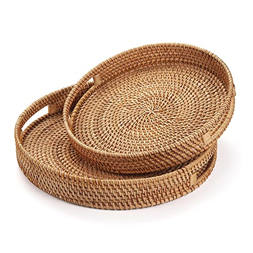 Round Rattan Serving Tray Decorative Woven Ottoman Trays with Handles for Coffee Table Natural (Small 11.8 inch x 2 inch) - color: Natural, size: 11.8"