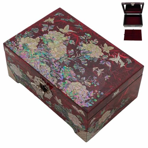 February Mountain Mother of Pearl Jewelry Organizer Box with Ring Tray - Gifts for Women Unique gift for women who have everything - color: Red