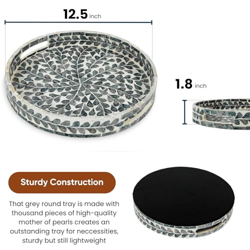 Serving Tray 12.5 Inch, Lacquer Mother of Pearl Inlay Mosaic Tray, Round Wooden Marble Tray with Handles Trays for Tea, Breakfast (Black Leaf) - color: Black Leaf