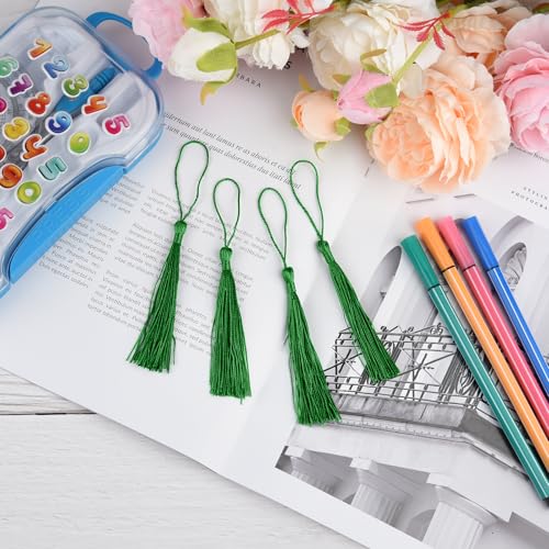 100 Pcs Bookmark Tassels Bulk Grass Green Soft Craft Silky Handmade Mini Tassels for Jewelry Making with Loops for DIY Craft Accessory Dress Decoration - color: Grass Green