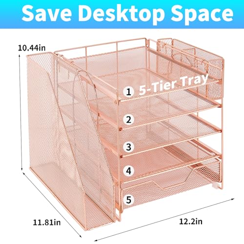 5-Tier Desk File Organizer with Drawer & Pen Holder (Rose Gold) - color: Rose Gold