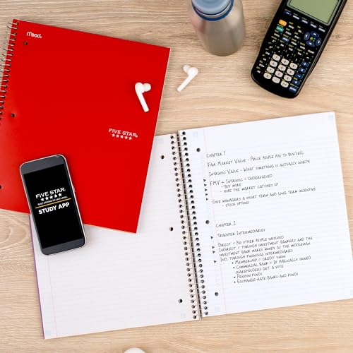 Five Star Spiral Notebook + Study App, 5 Subject, College Ruled Paper, 8-1/2" x 11", 200 Sheets, Fights Ink Bleed, Water Resistant Cover, Fire Red (72077), (Pack of 6) - color: Red, size: 1 Count (Pack of 6)