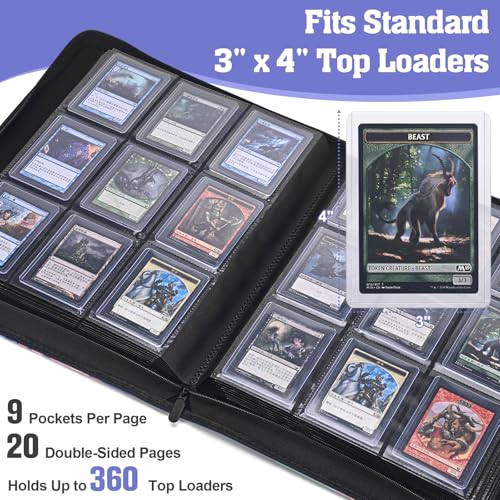 Top Loader Binder, Holds 360 Top Loaders, 9 Pocket Side-Loading Binder with Full-Zip Closure for Standard 3" x 4" Toploaders, Acid-Free PVC-Free Pages, Purple Coral Axolotl - color: Purple Coral Axolotl