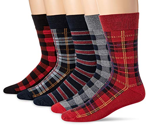 Amazon Essentials Men's Patterned Cotton Dress Crew Socks, 5 Pairs - color: Plaid and Stripe, size: 8-12