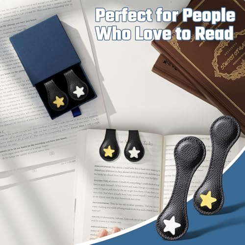 Ovesmusl 2Pcs PU Leather Star Magnetic Bookmarks with Pen Holder - style: Star (Black+Black)
