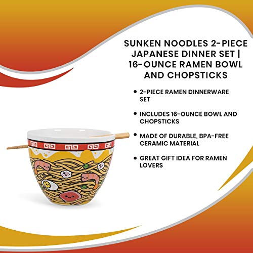 Toynk Sunken Noodles Japanese Ceramic Dish Set | 16-Ounce Ramen Bowl and Chopsticks Set