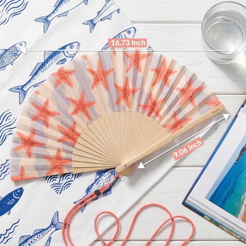 Fisura – Original Folding Fan with Starfish Print. Colorful Wooden Folding Fan in Blue and Pink with Strap Included. Fun Gift idea for Travel Beach Days or Summer Events. 16.7 x 9 in. - color: Starfish, Coral