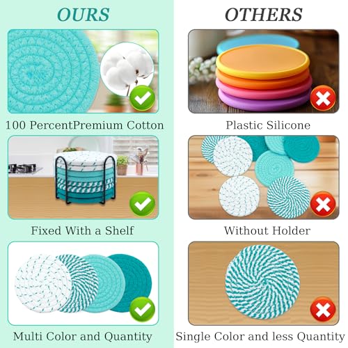 8 Pcs Drink Coasters with Holder, Minimalist Cotton Woven Coaster Set, 4 Colors Absorbent Coaster Protection Protection for Various Cups, Ideal for Coffee Tables and Home Decor Tabletop, 4.3 Inches - color: Green