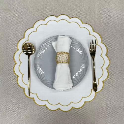 Linen Cotton Placemats Set of 4 Scalloped Flower Embroidery Place Mats 15'' Natural Linen Texture Fabric Machine Washable Table Mats for Restaurant Kitchen,Table Decor(White) - color: White