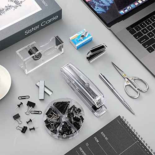 Outus Office Supplies Set Desk Accessory Kit, Acrylic Stapler Set Staple Remover, Tape Dispenser, Binder Clips, Paper Clips, Ballpoint Pen and Scissor with 1000 Pieces 26/6 Staples (Black) - color: Black