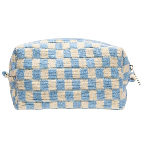 Checkered Makeup Bag for Purse, Small Travel Cosmetic Pouch,Blue Beige - color: Blue Beige
