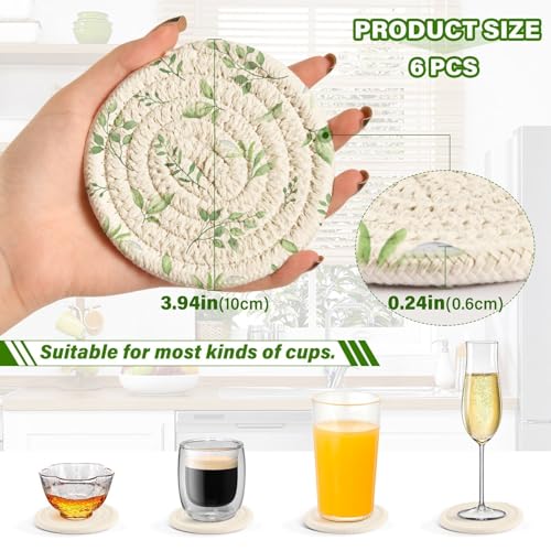 Green Leaves Drink Coasters Set - 6 Pcs Minimalist Woven Coasters with Holder for Home Decor, 3.94 Inch Absorbent Coasters for Drinks - color: A05