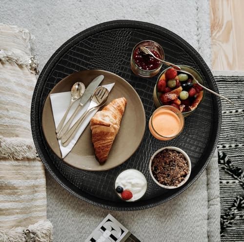 HofferRuffer Round Serving Tray 20'', Elegant Faux Leather Circle Ottoman Table Tray, Serve Tea Coffee Breakfast in Bedroom Living Room Kitchen (Classic Black) - color: Black, size: 20"