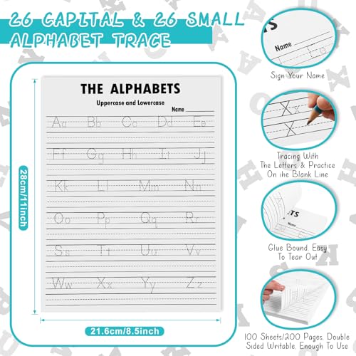 Eaasty 100 Pcs Alphabet Tracing Paper Trace Letters Alphabet Handwriting Practice Workbook for Kids Ages 3-5 Practice Paper Learning to Write Letters for Pre K and Kindergarten (8.5x11 Inches) - size: 8.5x11 Inches