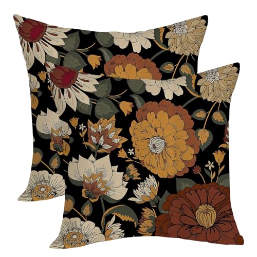 Boho Pillow Covers 18x18 Pack of 2,Vintage Black Floral Throw Pillow Cover Spring Summer Bohemian Botanical Flower Pillowcase Outdoor Decorative Linen Cushion Case for Sofa Home Decor - color: Black-b-boho Floral 1, size: 18" x 18" (Pack of 2)