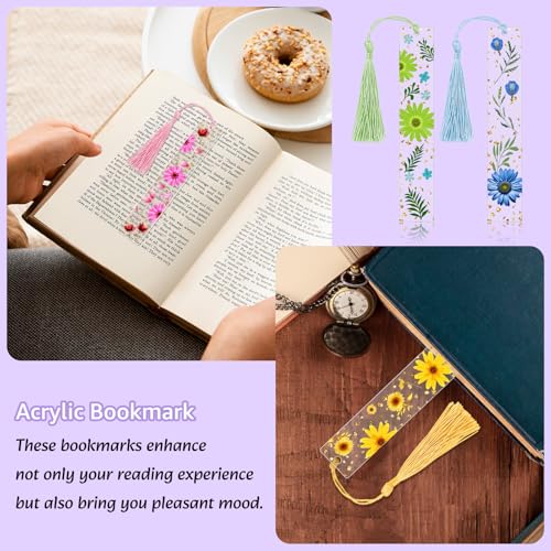 4 Pieces Pressed Flower Bookmarks for Men Women Book Lovers, Dried Flower Bookmarks with Tassels Transparent Acrylic Bookmark Floral Dried Flowers Page Marker for Reading Lover Students Teachers - color: Pink, Light Golden Yellow, Light Green, Sky Blue