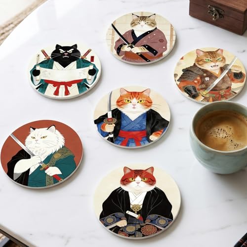 Funny Cat Coasters Set of 6, Japanese‌ Anime Cat Round Ceramic Drink Coasters with Holder Cork Backing Absorbent Coffee Table Protection, Christmas House Warming Gifts - color: Japanese Cat