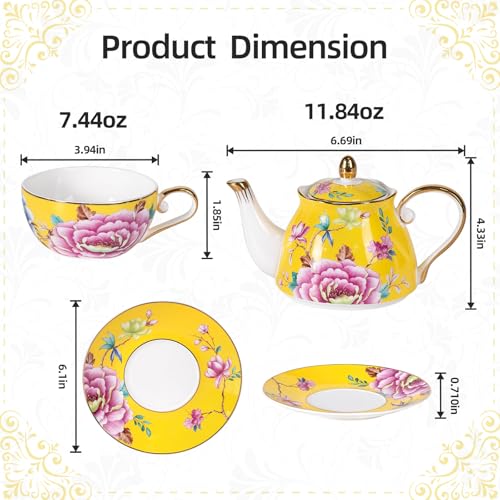 KAMMAK Tea for One Set, Ceramic Teapot, Bone China Tea Set, Cup and Saucer - color: Yellow-GH10