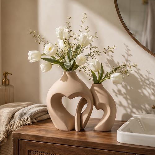Ceramic Flower Vases Home Decor Heart Shaped Vase Set of 2 - color: Brown