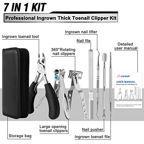 Toenail Clippers for Seniors Thick Toenails, Aucurwen Heavy Duty Toe Nail Clippers Adult Thick Nails Long Handle, Large Toenail Clippers for Thick Nails 7Pcs - color: Black