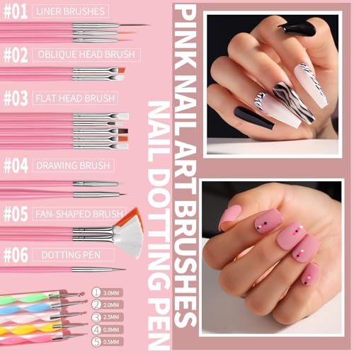 FANDAMEI Nail Art Brushes Set, Nail Art Kit, Nail Design Kit, Nail Dotting Tools, Nail Kit for Beginners, Chrome Nail Powder, Nail Stickers, Nail Rhinestones, Nail Charms Gems Nail Art Decoration Kit - color: Pink