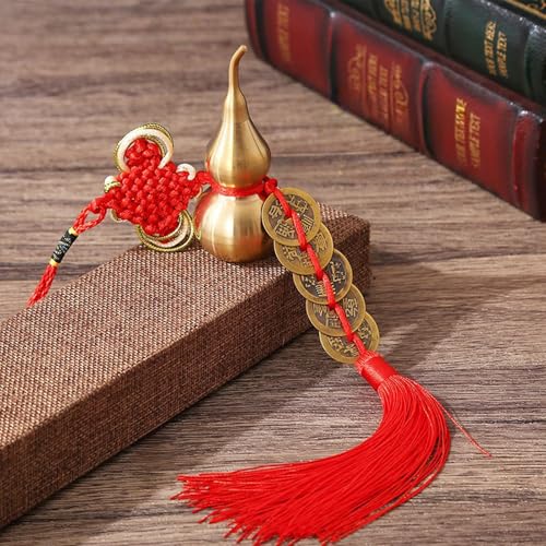 Feng Shui Good Luck Charms with Metal Gourd Red Knot Wall Hanging for Car,House,Office, Wealth and Success Five Emperor Money(5coins) - 2pcs - color: Chinese Knot Gourd & Coin Tassel 2pcs