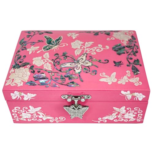 Mother of Pearl Jewelry Ring Necklace Mini Trinket Wooden Box - Inlay with Sea Shell Gifts for Women (Pink) - color: Pink