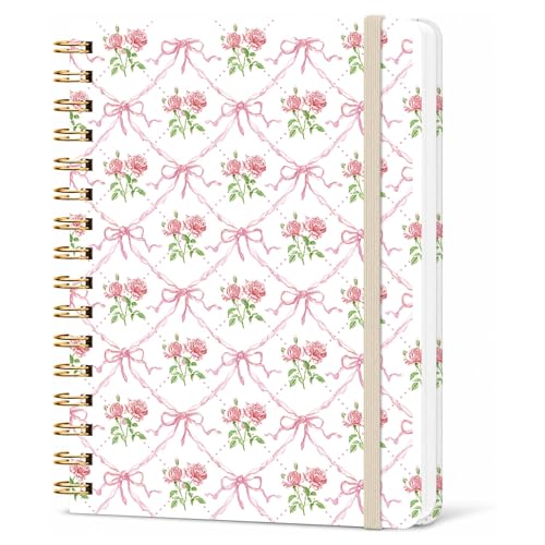Pink Bow Lined Spiral Notebook, Pretty Hardcover Journal 6'' x 8.4'', Coquette Rose Notebook for Women, Writing, Journaling Gift - color: pink bow
