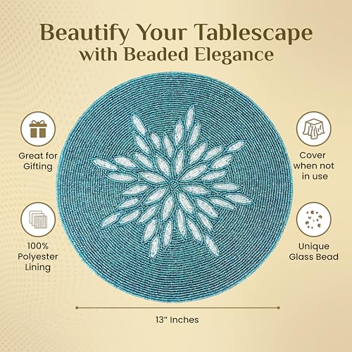 Decorative Beaded Table Mat - 13” Round Charger Plate | Handmade Elegant Beaded Placematss & Polyester Backing | Home & Kitchen Decor Single Pack (Silver Teal) - ALPHA Living HOME - color: Silver Teal, size: Set of 1