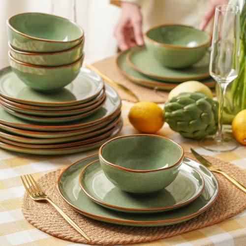 Stoneware Dinnerware Sets for 6, Reactive Glaze Plates and Bowls, Green - color: Green, size: Service for 6-18Pcs