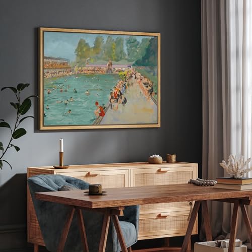 SIGNFORD Framed Canvas Print Wall Art Vintage Public Pool Scene Retro Outdoor Swimming Pool with Crowd Illustrations Modern Art Decorative Relax/Zen for Living Room, Bedroom, Office - 24x36 Natural - color: B08-2508-M13, size: 36"L x 24"W