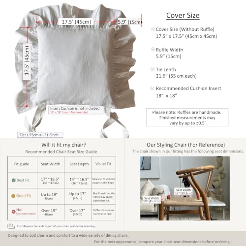 Korean Made Chair Pad Slipcover, 1 Cover, 17.5"x17.5" Chair Cushion Cover Ties with Ruffle Farmhouse Decor Covers Only, Gift for Mom (Solid White) Stocking Stuffer - color: Solid White